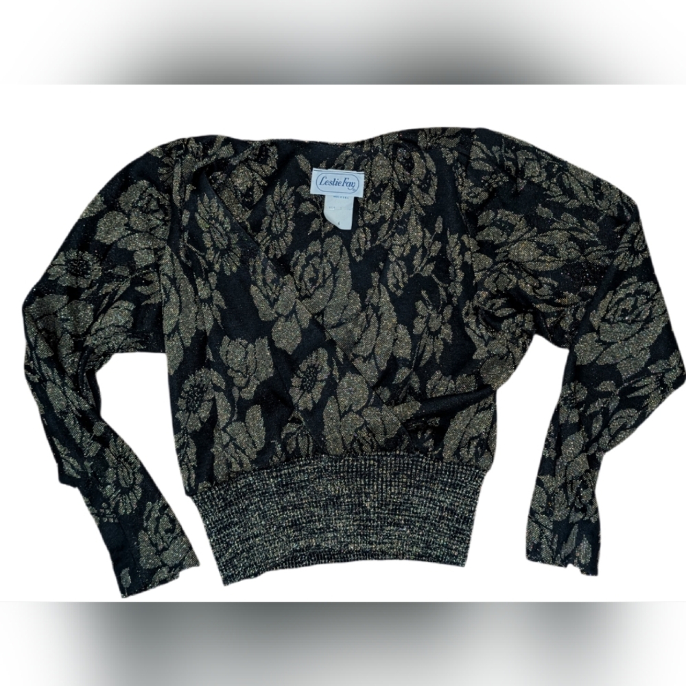 Vintage Leslie Fay Acrylic Black and Gold Shimmer Floral Women's Top Size 6